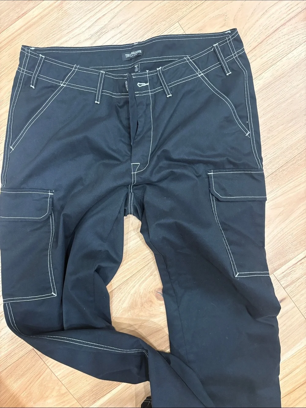 True Religion Black Cargo Pants with White Contrast Stitching